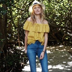 Madewell Off-the-Shoulder Eyelet Balcony Top in Mustard Yellow